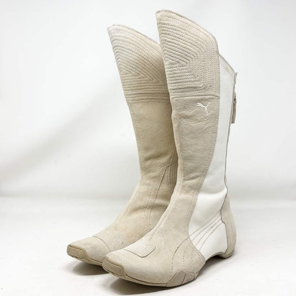 Puma Womens Beige Suede Moto Racing Boots Size 6.5/37 Zip Up Y2K